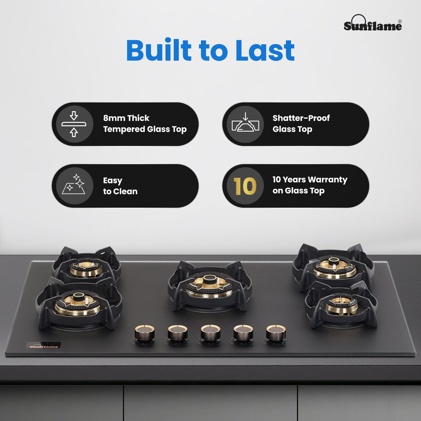 SHA 587 OBR 5 Burner Built-In & Countertop Flexi Hob 87 cm Wide | Flame Failure Device | 10 Year Glasstop Warranty
