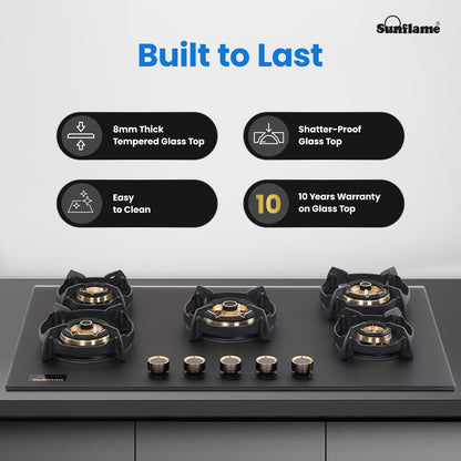 SHA 587 OBR 5 Burner Built-In & Countertop Flexi Hob 87 cm Wide | Flame Failure Device | 10 Year Glasstop Warranty