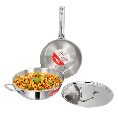 Triply Cookware 3 Pcs  Combo | Kadhai 24 cm, Fry Pan 24 cm, Stainless Steel Lid | Induction and Gas Stove Compatible