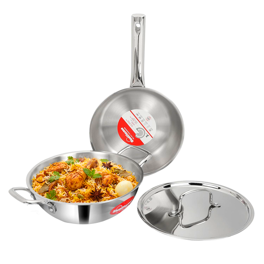 Triply Cookware 3 Pcs  Combo | Kadhai 22 cm, Fry Pan 22 cm, Stainless Steel Lid | Induction and Gas Stove Compatible