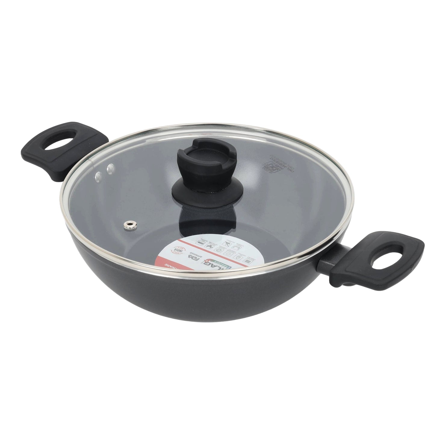 Ceramic Non-Stick Kadhai 24 cm with Glass Lid | Induction and Gas Stove Compatible