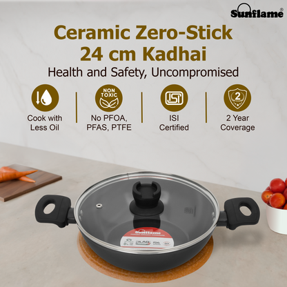 Ceramic Non-Stick Kadhai 24 cm with Glass Lid | Induction and Gas Stove Compatible
