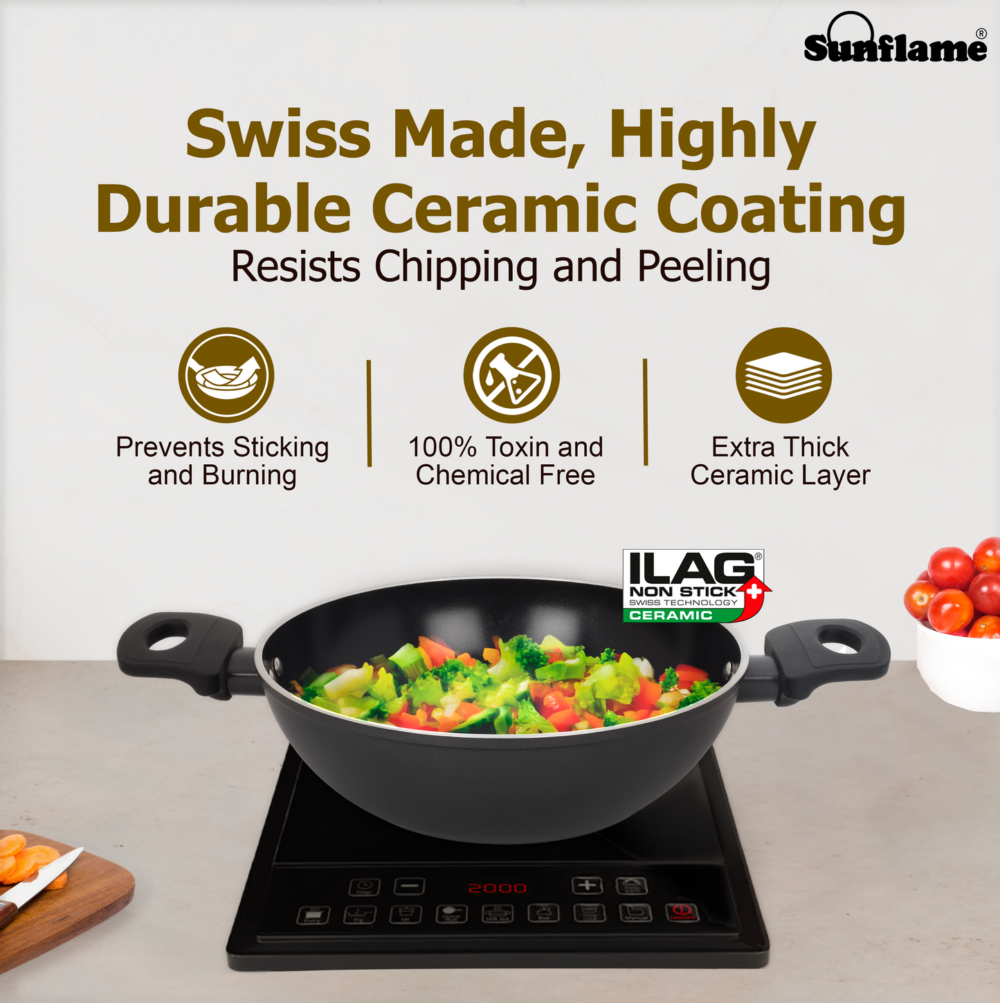 Ceramic Non-Stick Kadhai 24 cm with Glass Lid | Induction and Gas Stove Compatible