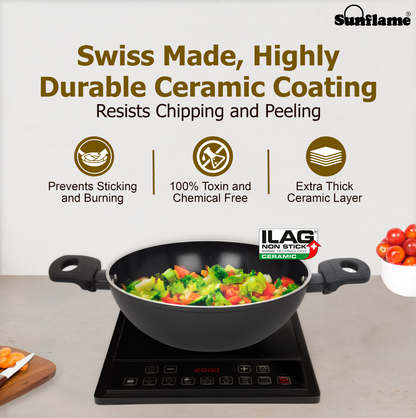 Ceramic Non-Stick Kadhai 24 cm with Glass Lid | Induction and Gas Stove Compatible