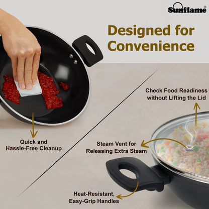 Ceramic Non-Stick Kadhai 24 cm with Glass Lid | Induction and Gas Stove Compatible