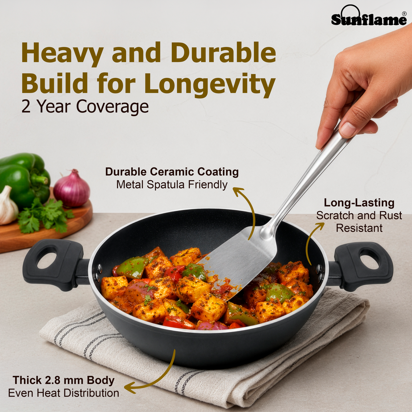Ceramic Non-Stick Kadhai 24 cm with Glass Lid | Induction and Gas Stove Compatible