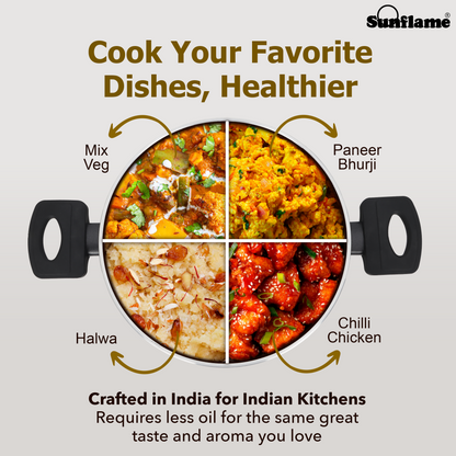 Ceramic Non-Stick Kadhai 24 cm with Glass Lid | Induction and Gas Stove Compatible