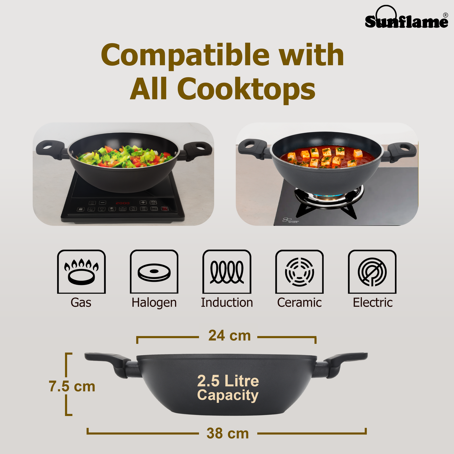 Ceramic Non-Stick Kadhai 24 cm with Glass Lid | Induction and Gas Stove Compatible