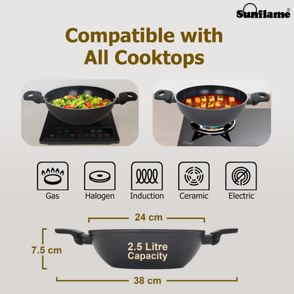 Ceramic Non-Stick Kadhai 24 cm with Glass Lid | Induction and Gas Stove Compatible