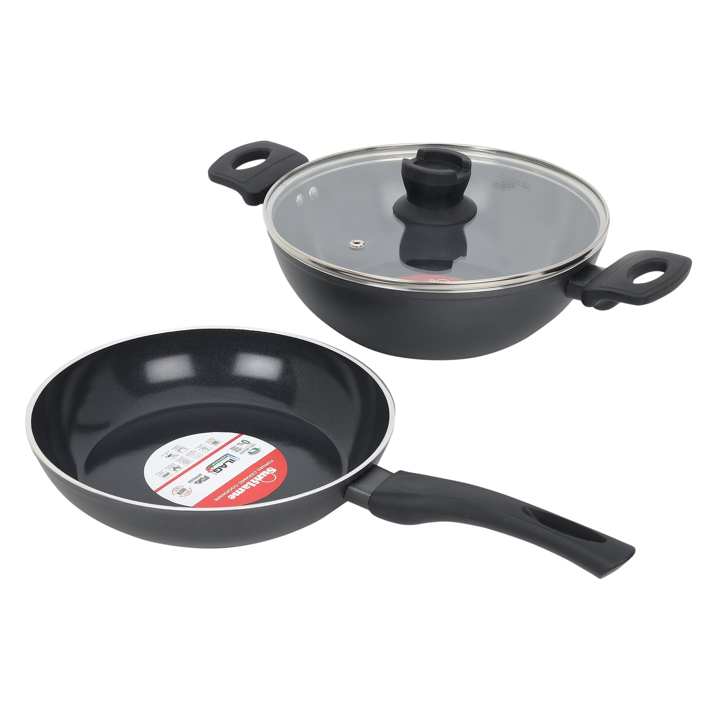 Ceramic Non-Stick 3 Pcs Combo | Kadhai 24 cm, Fry Pan 24 cm, Glass Lid | Induction and Gas Stove Compatible