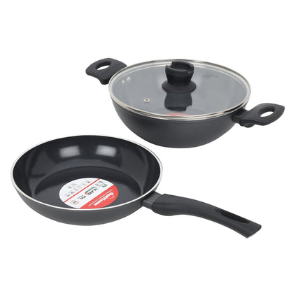 Ceramic Non-Stick 3 Pcs Combo | Kadhai 24 cm, Fry Pan 24 cm, Glass Lid | Induction and Gas Stove Compatible