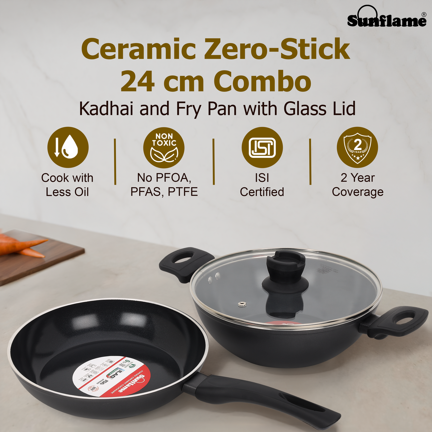 Ceramic Non-Stick 3 Pcs Combo | Kadhai 24 cm, Fry Pan 24 cm, Glass Lid | Induction and Gas Stove Compatible