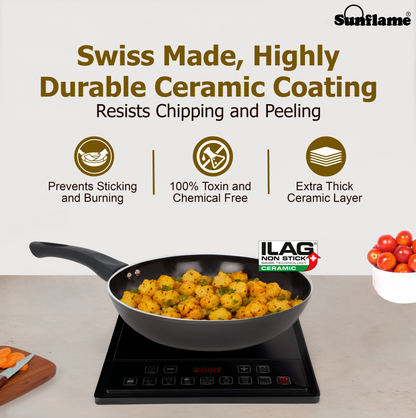 Ceramic Non-Stick 3 Pcs Combo | Kadhai 24 cm, Fry Pan 24 cm, Glass Lid | Induction and Gas Stove Compatible