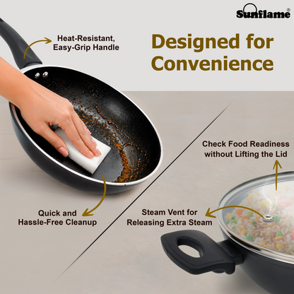 Ceramic Non-Stick 3 Pcs Combo | Kadhai 24 cm, Fry Pan 24 cm, Glass Lid | Induction and Gas Stove Compatible