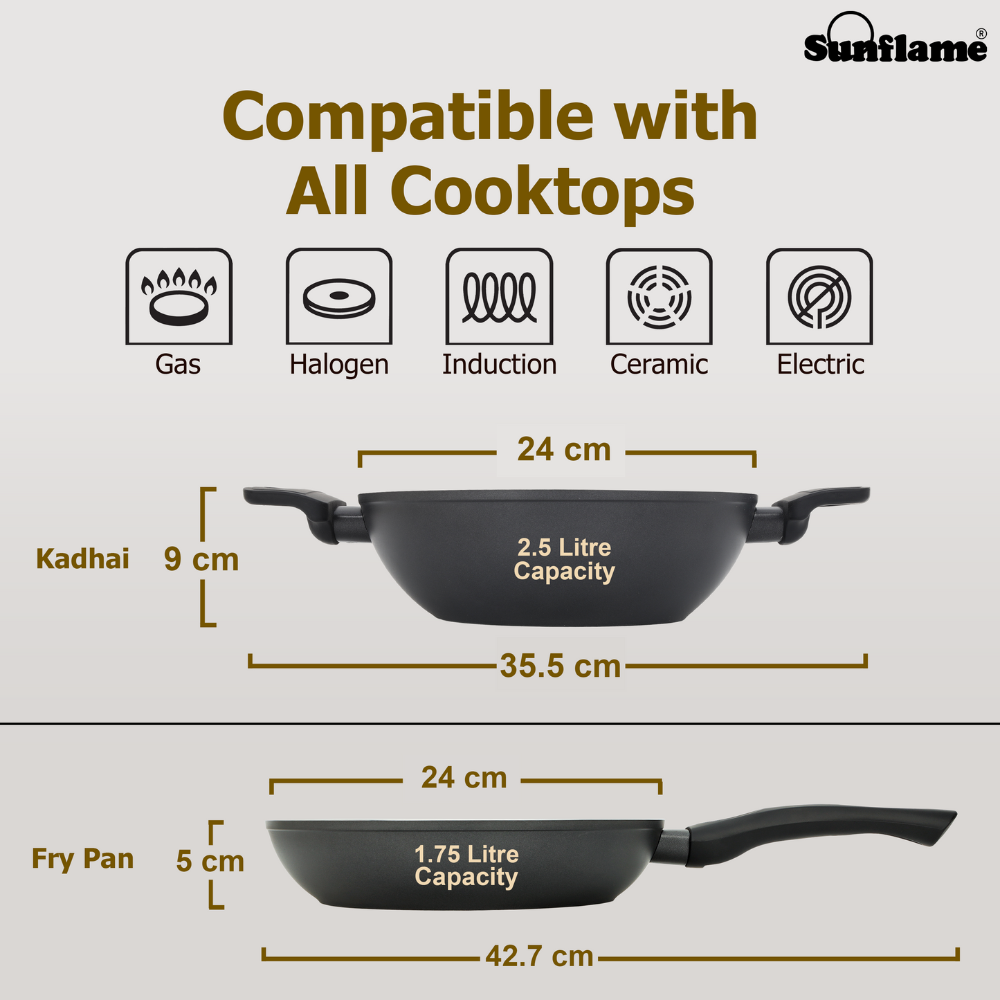 Ceramic Non-Stick 3 Pcs Combo | Kadhai 24 cm, Fry Pan 24 cm, Glass Lid | Induction and Gas Stove Compatible