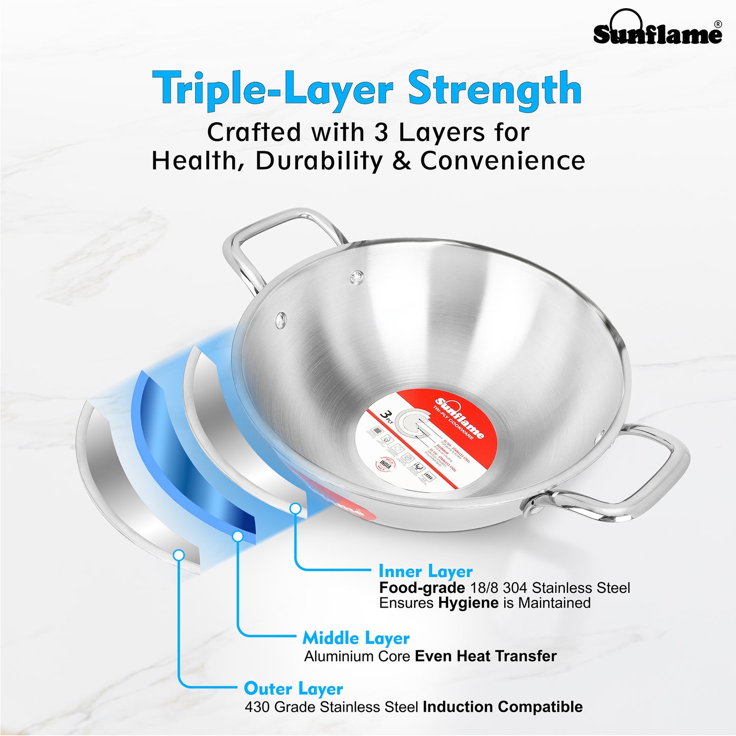 Triply Kadhai with Stainless Steel Lid | 26 cm Diameter | Induction and Gas Stove Compatible