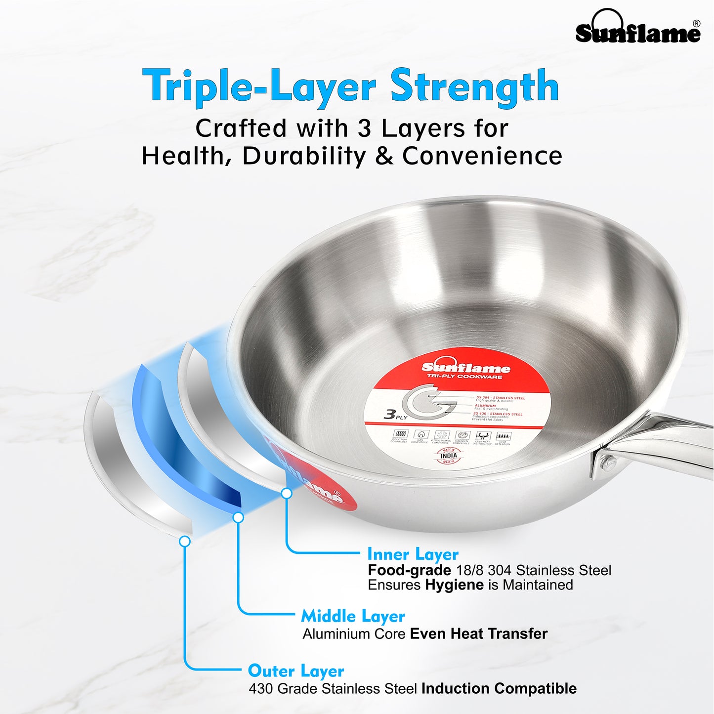 Triply Fry Pan with Stainless Steel Lid | 22 cm Diameter | Induction and Gas Stove Compatible