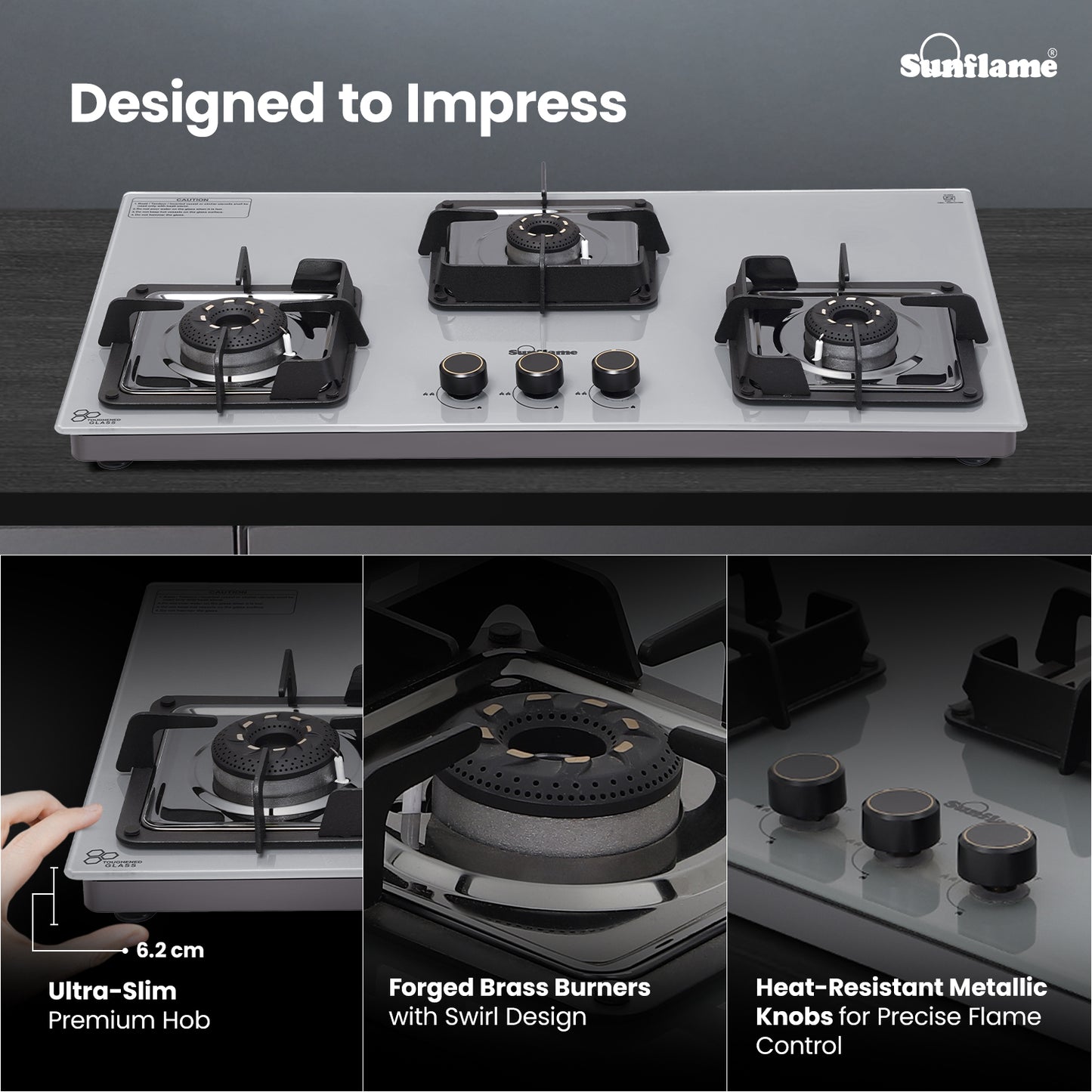 Ultra-Slim Grey 3 Burner Countertop Hob 80 cm Wide | Italian SABAF Valve