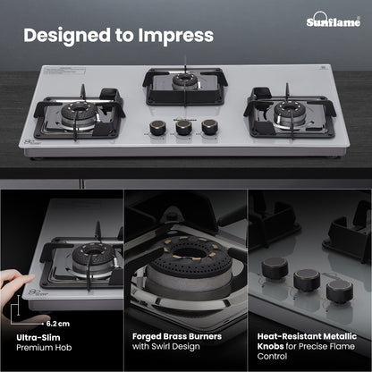 Ultra-Slim Grey 3 Burner Countertop Hob 80 cm Wide | Italian SABAF Valve