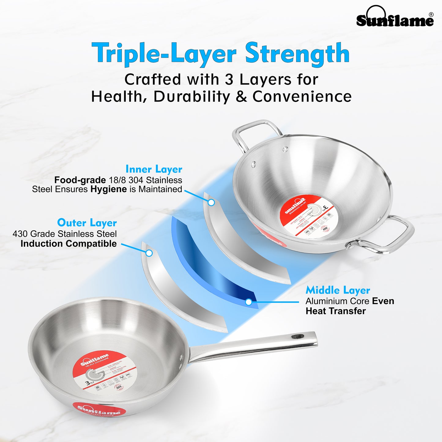 Triply Cookware 3 Pcs  Combo | Kadhai 24 cm, Fry Pan 24 cm, Stainless Steel Lid | Induction and Gas Stove Compatible