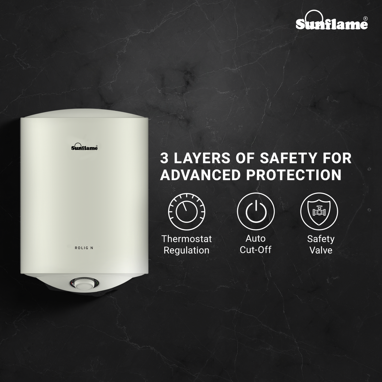Sunflame Rolig N Geyser 15 Litre Wall Mount Water Heater For Home | 5 Star Rating | Vitreous Enamel Tank Coating | Advanced Multi-Layered Safety | Suitable For Hard Water&High-Rise Buildings | White