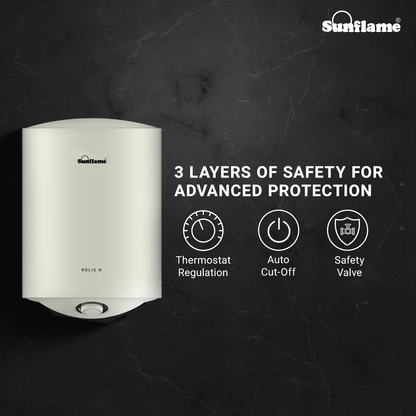 Sunflame Rolig N Geyser 15 Litre Wall Mount Water Heater For Home | 5 Star Rating | Vitreous Enamel Tank Coating | Advanced Multi-Layered Safety | Suitable For Hard Water&High-Rise Buildings | White