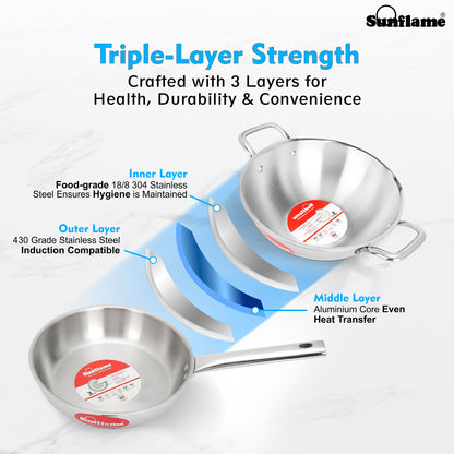 Triply Cookware 3 Pcs  Combo | Kadhai 22 cm, Fry Pan 22 cm, Stainless Steel Lid | Induction and Gas Stove Compatible
