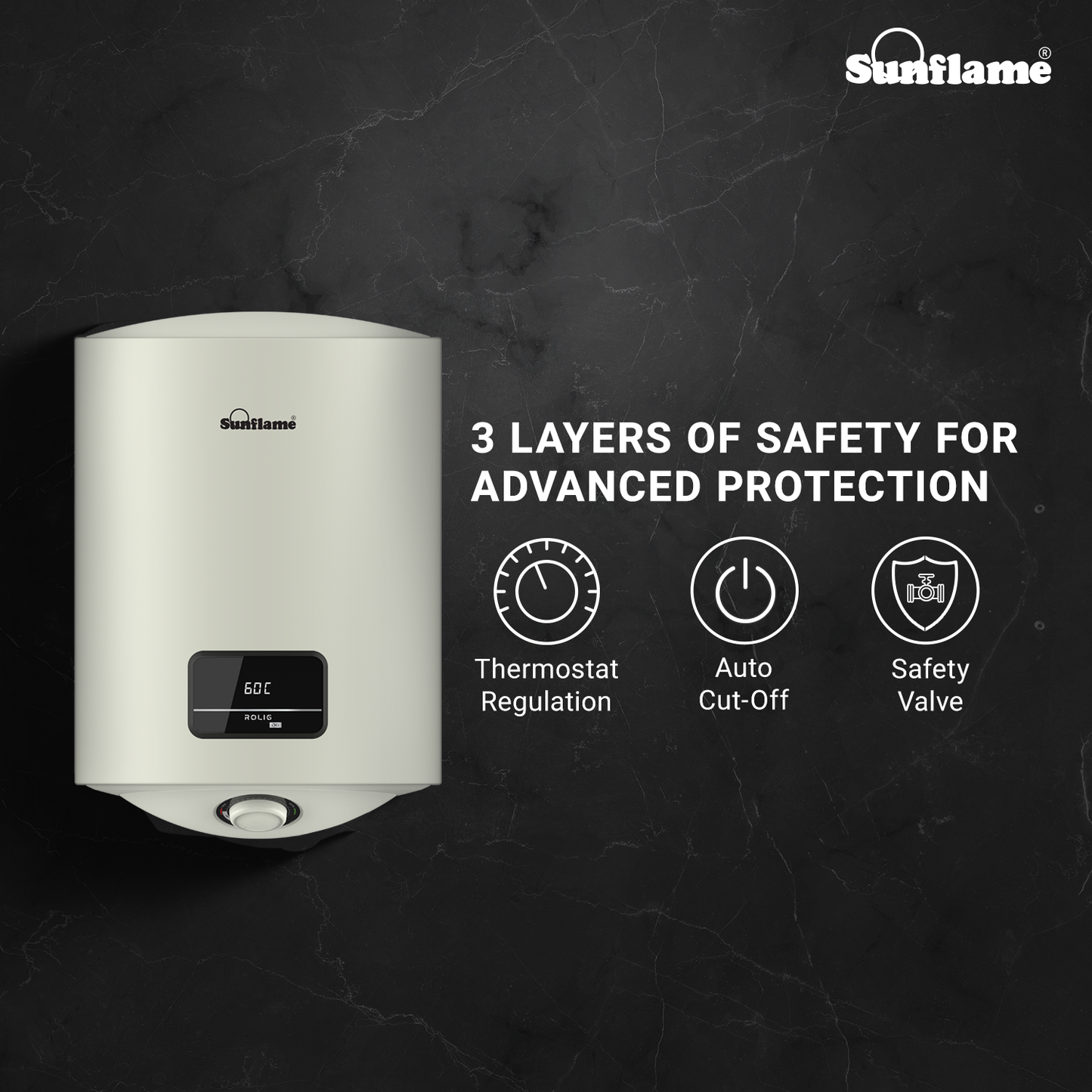 Sunflame Rolig DG Geyser 10 Litre Water Heater with Digital Display | Suitable for Hard Water | Energy Efficient 5 Star Rating | Advanced 4 layered Safety | 5 Year Inner Tank Warranty by Sunflame