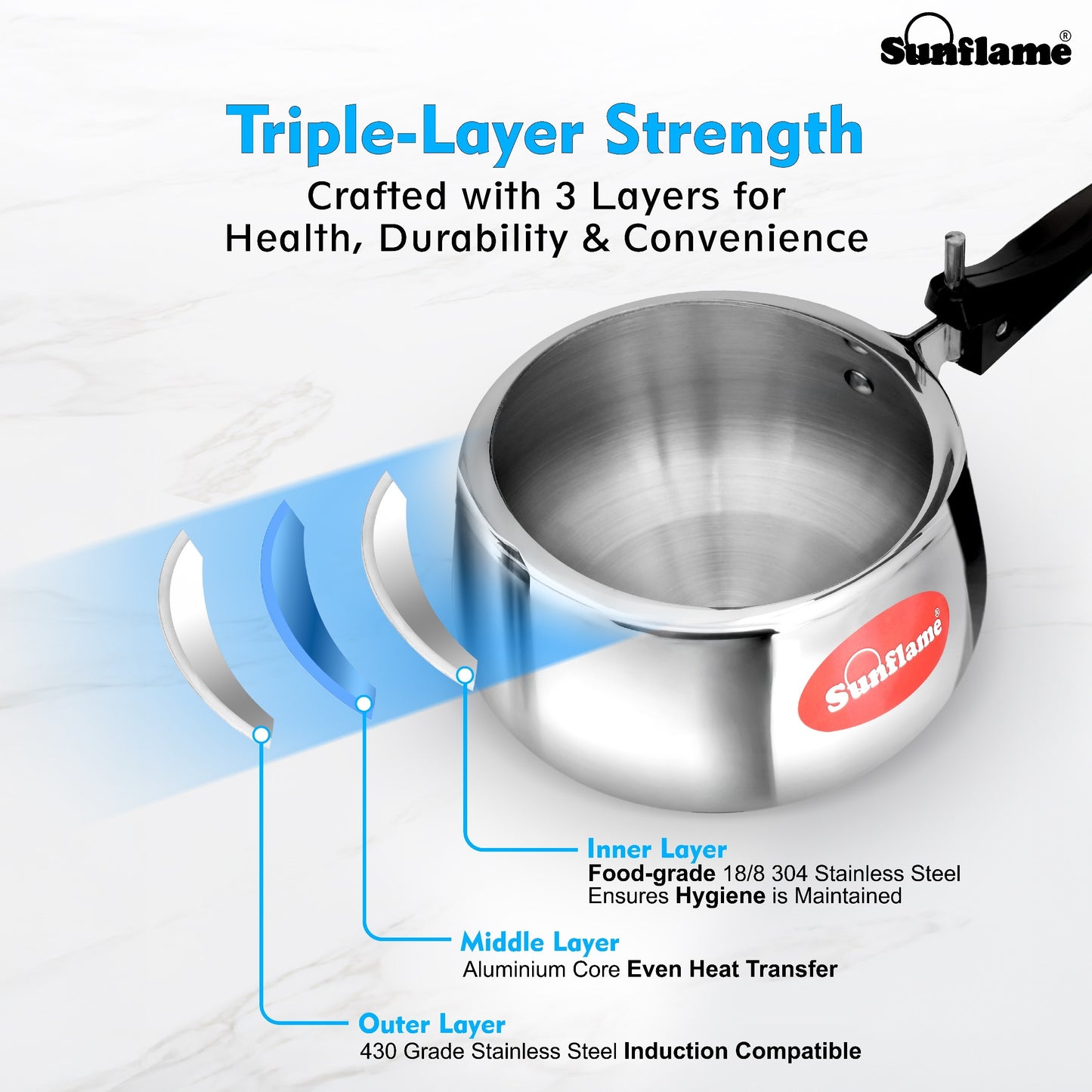 Triply Pressure Cooker 3 Litres Stainless Steel | Inner Lid | Induction and Gas StoveCompatible