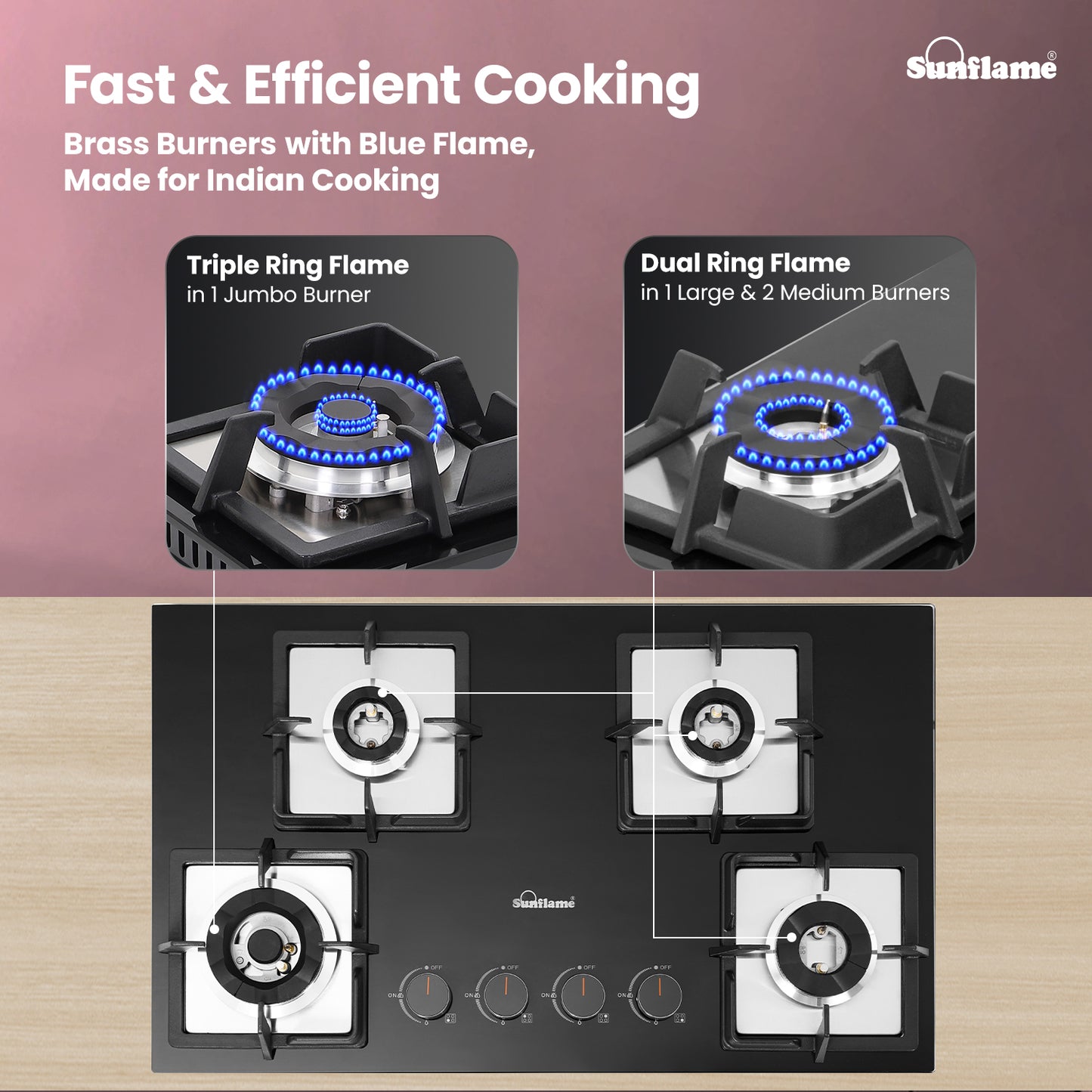 4 Burner Built-In & Countertop Flexi Hob 76 cm Wide | Flame Failure Detection