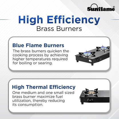 Sunflame Maleo 2 Burner Gas Stove | 1 Medium & 1 Small Brass Burners | 2 Year Product Coverage