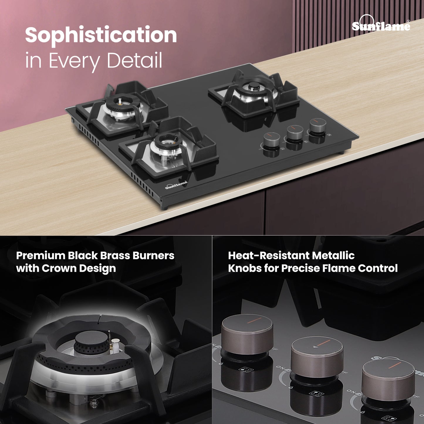 3 Burner Built-In & Countertop Flexi Hob 60 cm Wide |  Flame Failure Device