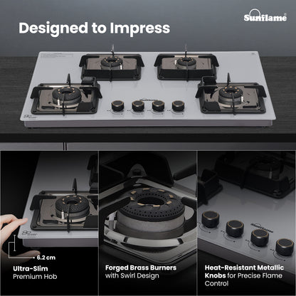 Ultra-Slim Grey 4 Burner Countertop Hob 80 cm Wide | Italian SABAF Valve