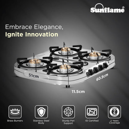 Optra 4 Burner Gas Stove | 2 Medium and 2 Small Brass Burners | Stainless Steel
