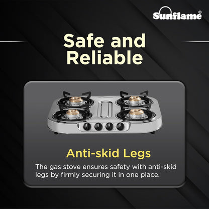 Optra 4 Burner Gas Stove | 2 Medium and 2 Small Brass Burners | Stainless Steel