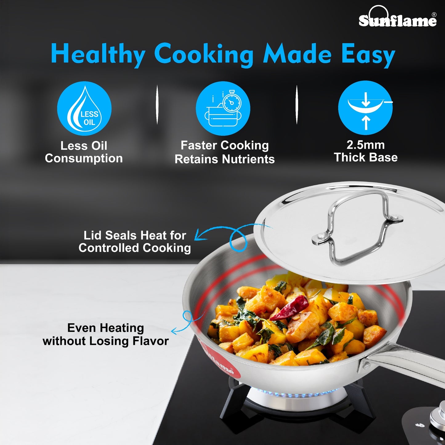 Triply Fry Pan with Stainless Steel Lid | 22 cm Diameter | Induction and Gas Stove Compatible