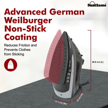 Steam Iron 1600 W with German Weilburger Non-Stick Coating | Large 220 ml Water Tank | High Steaming Rate I Self Cleaning Function | Vertical and Horizontal Ironing