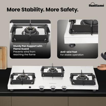 Sunflame 3 Burner Ultra-slim Stainless Steel Gas Stove 77 cm | Forged Brass Burners | 5-Year Warranty on Burners, SS Body & Valve by Sunflame | Auto Ignition | Pan Support with Flame Guard