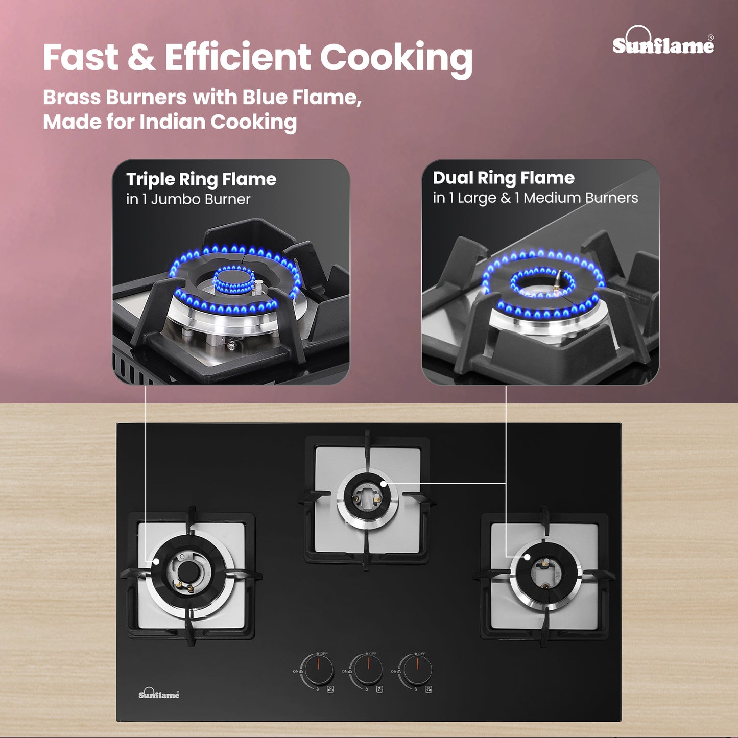 3 Burner Built-In & Countertop Flexi Hob 76 cm Wide |  Flame Failure Device