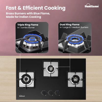 3 Burner Built-In & Countertop Flexi Hob 76 cm Wide |  Flame Failure Device