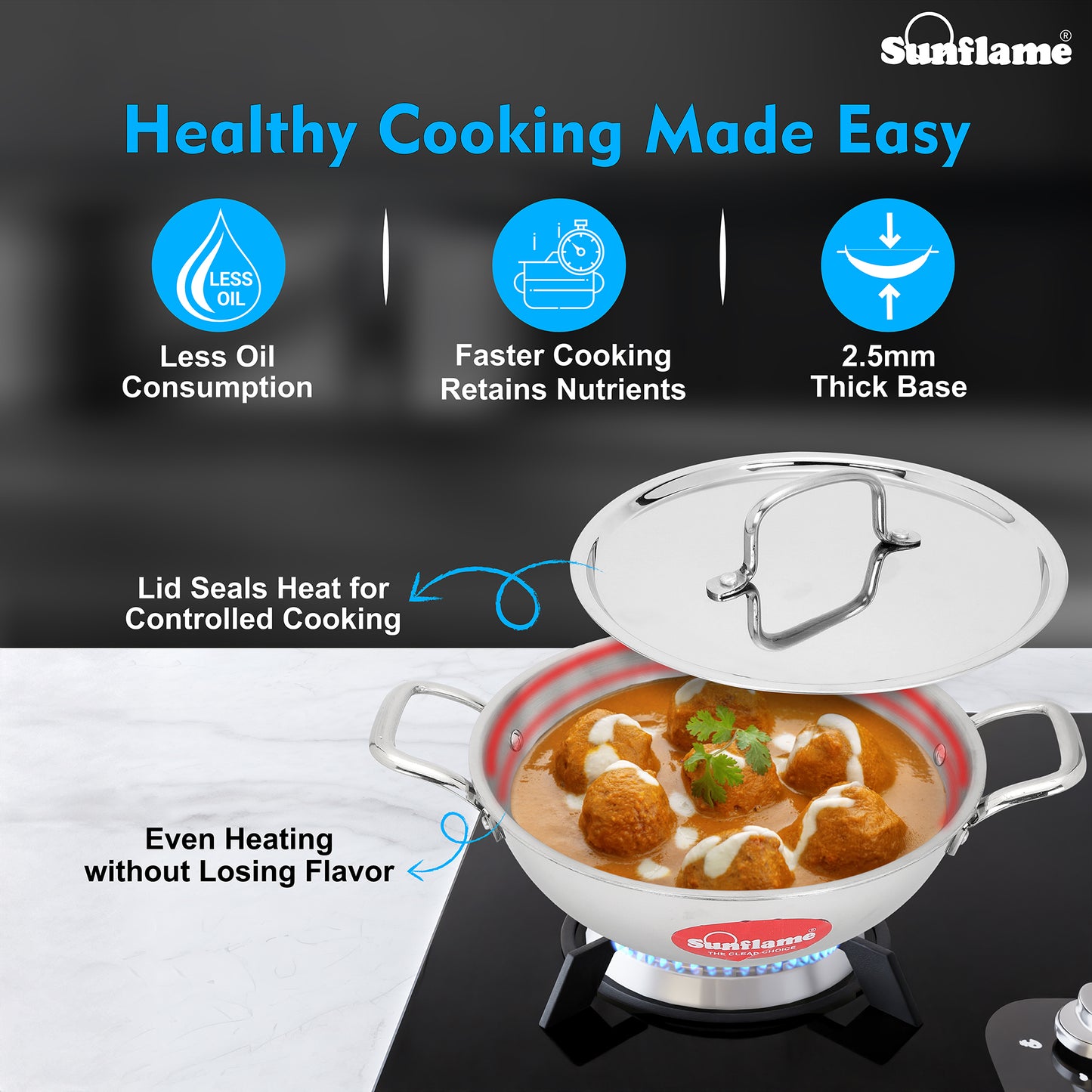 Triply Kadhai with Stainless Steel Lid | 22 cm Diameter | Induction and Gas Stove Compatible