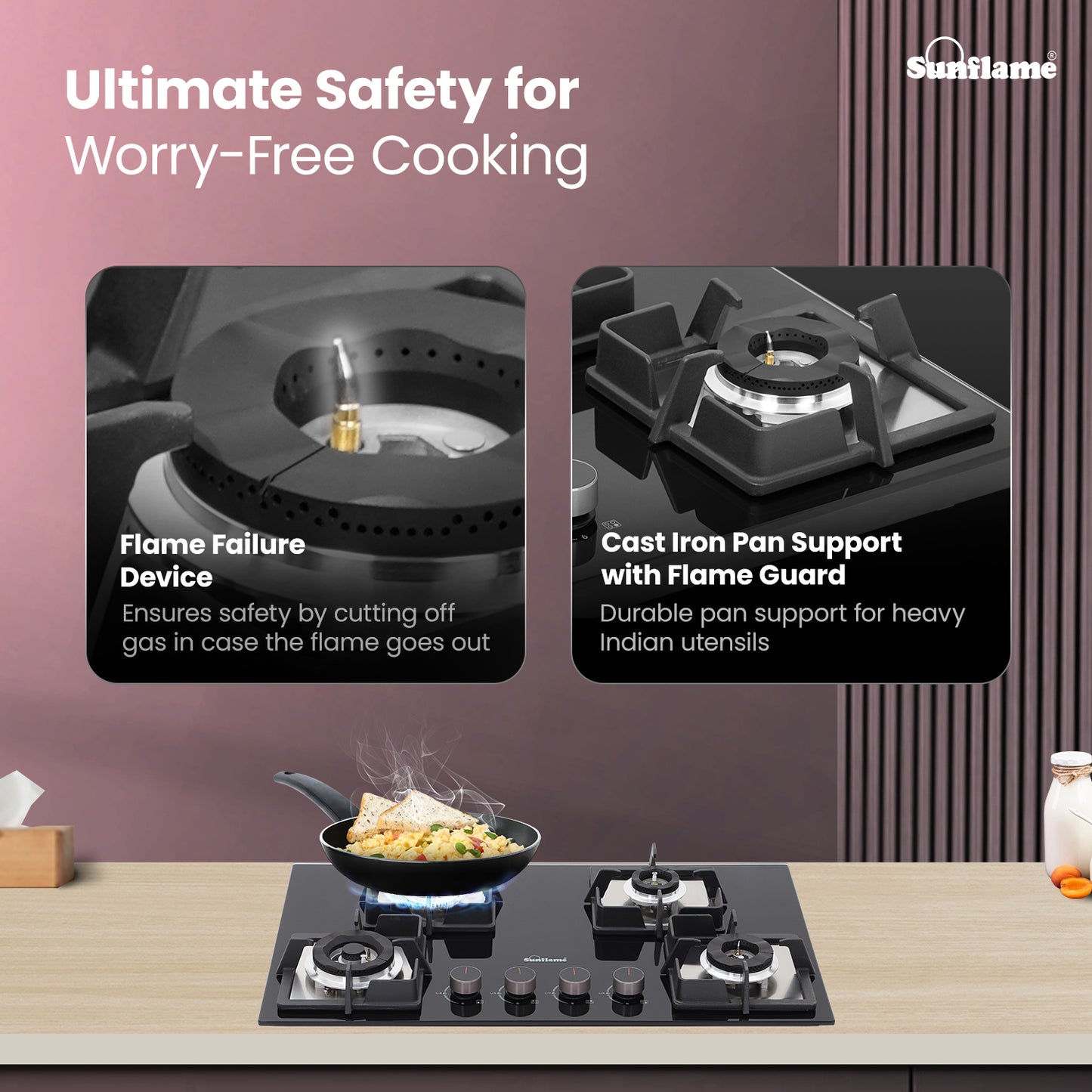 4 Burner Built-In & Countertop Flexi Hob 76 cm Wide | Flame Failure Detection