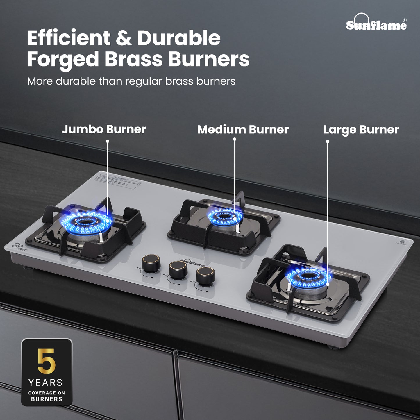 Ultra-Slim Grey 3 Burner Countertop Hob 80 cm Wide | Italian SABAF Valve