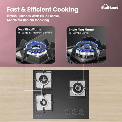3 Burner Built-In & Countertop Flexi Hob 60 cm Wide |  Flame Failure Device