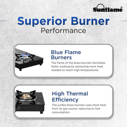 Crystal Nova 2 Burner Gas Stove | 1 Medium and 1 Small Brass Burners |Toughened Glass Top | Black