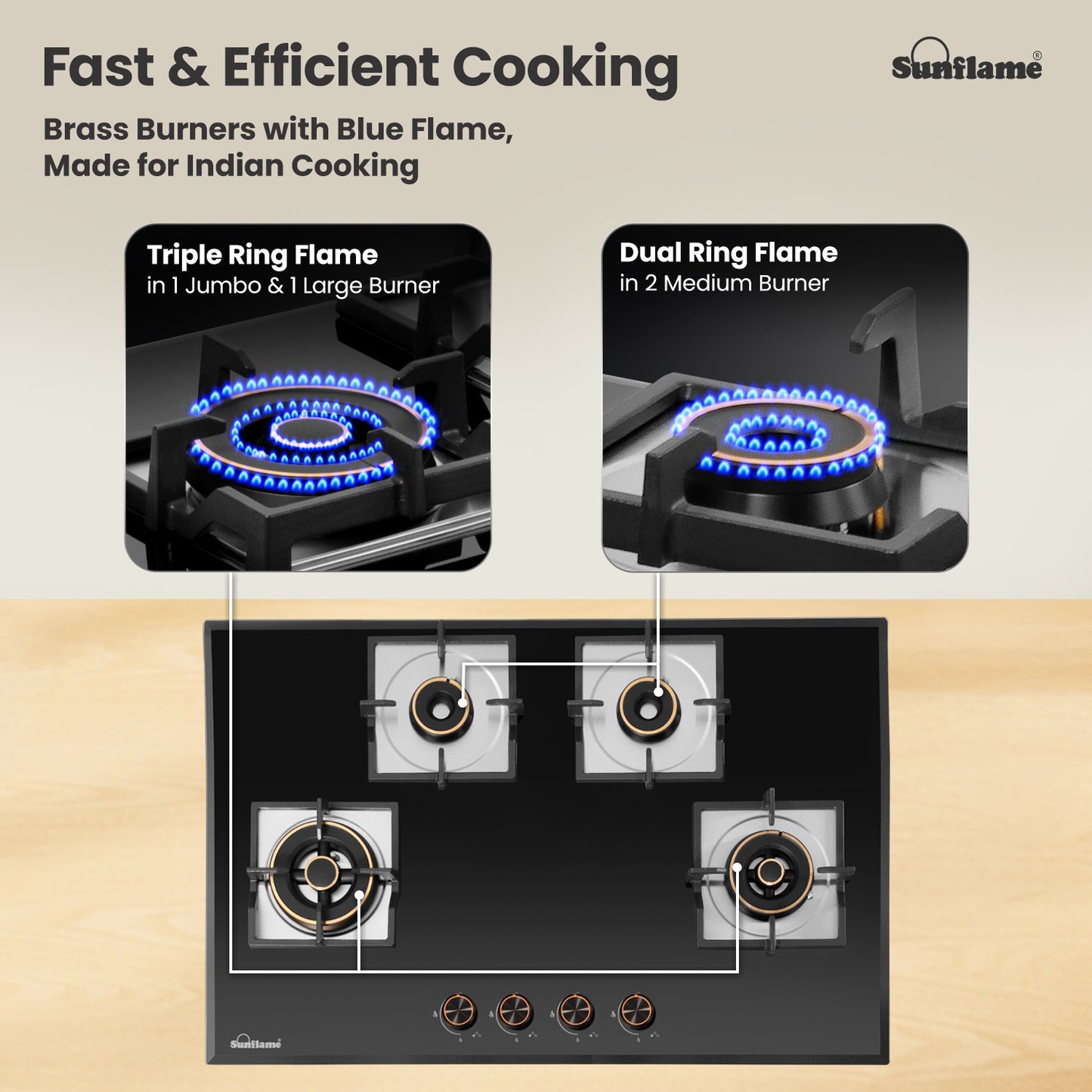 4 Burner Built-In & Countertop Flexi Hob 78 cm Wide | Bevelled Edges