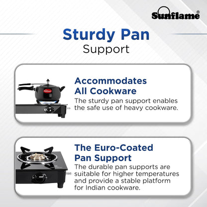 Sunflame Maleo 2 Burner Gas Stove | 1 Medium & 1 Small Brass Burners | 2 Year Product Coverage