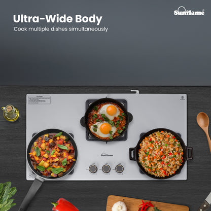 Ultra-Slim Grey 3 Burner Countertop Hob 80 cm Wide | Italian SABAF Valve