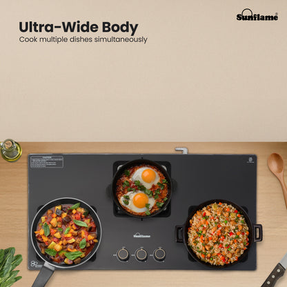 Ultra-Slim Black 3 Burner Countertop Hob 80 cm Wide | Italian SABAF Valve