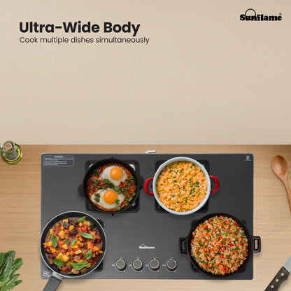Ultra-Slim Black 4 Burner Countertop Hob 80 cm Wide | Italian SABAF Valve